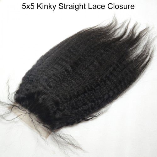 5x5 Kinky Straight Lace Closure,Natural Color,Brazilian Human Virgin Hair